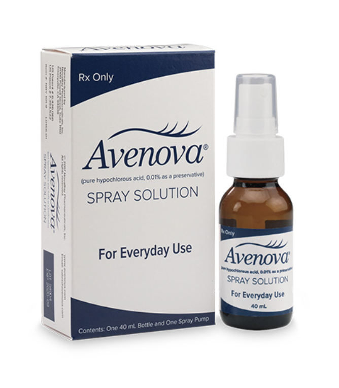Avenova 40mL amber spray bottle with pump beside its box, pure hypochlorous acid eyelid and lash spray solution