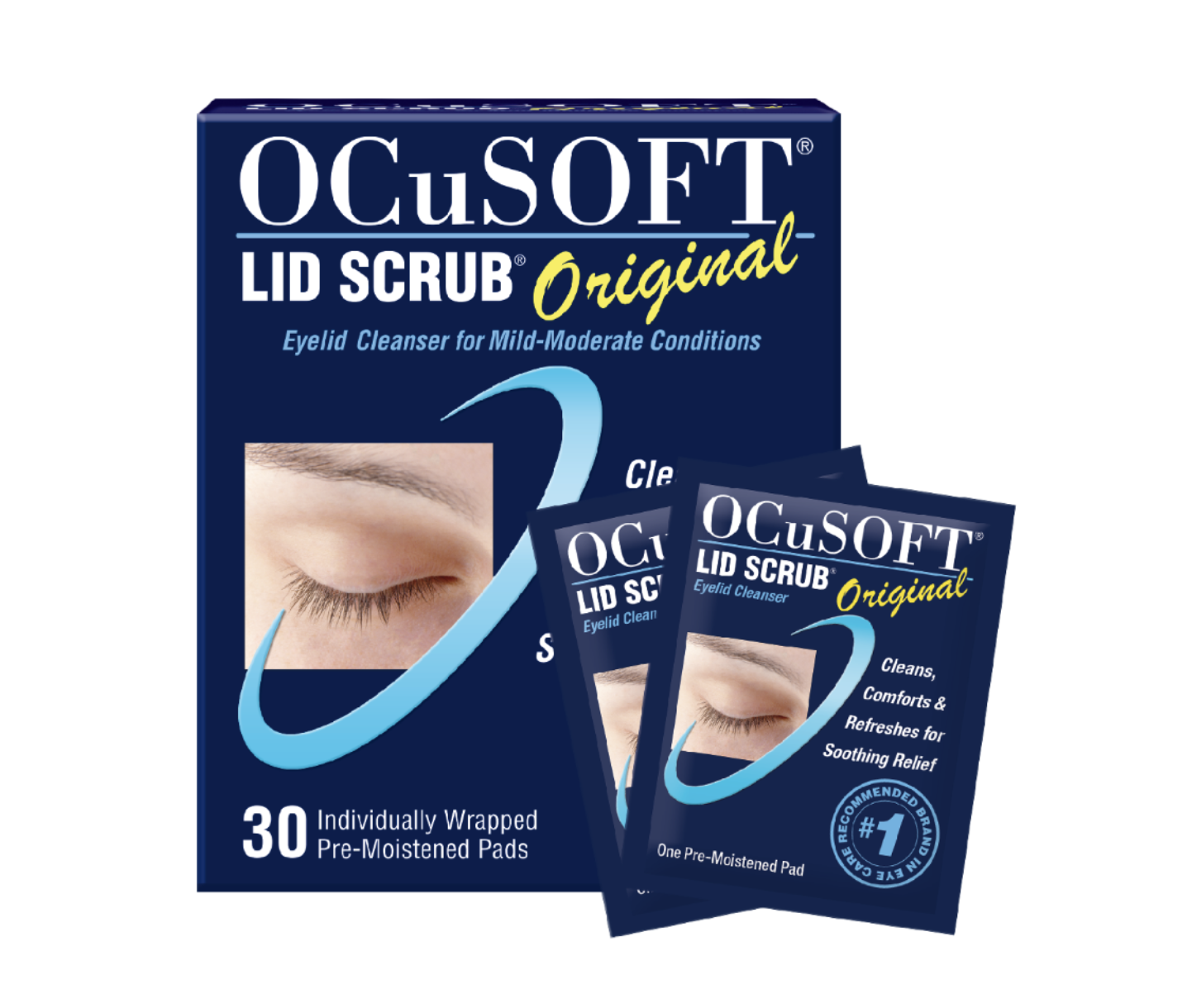 OCuSOFT Lid Scrub Original box of 30 individually wrapped pre-moistened eyelid cleanser pads, with two sachets in front